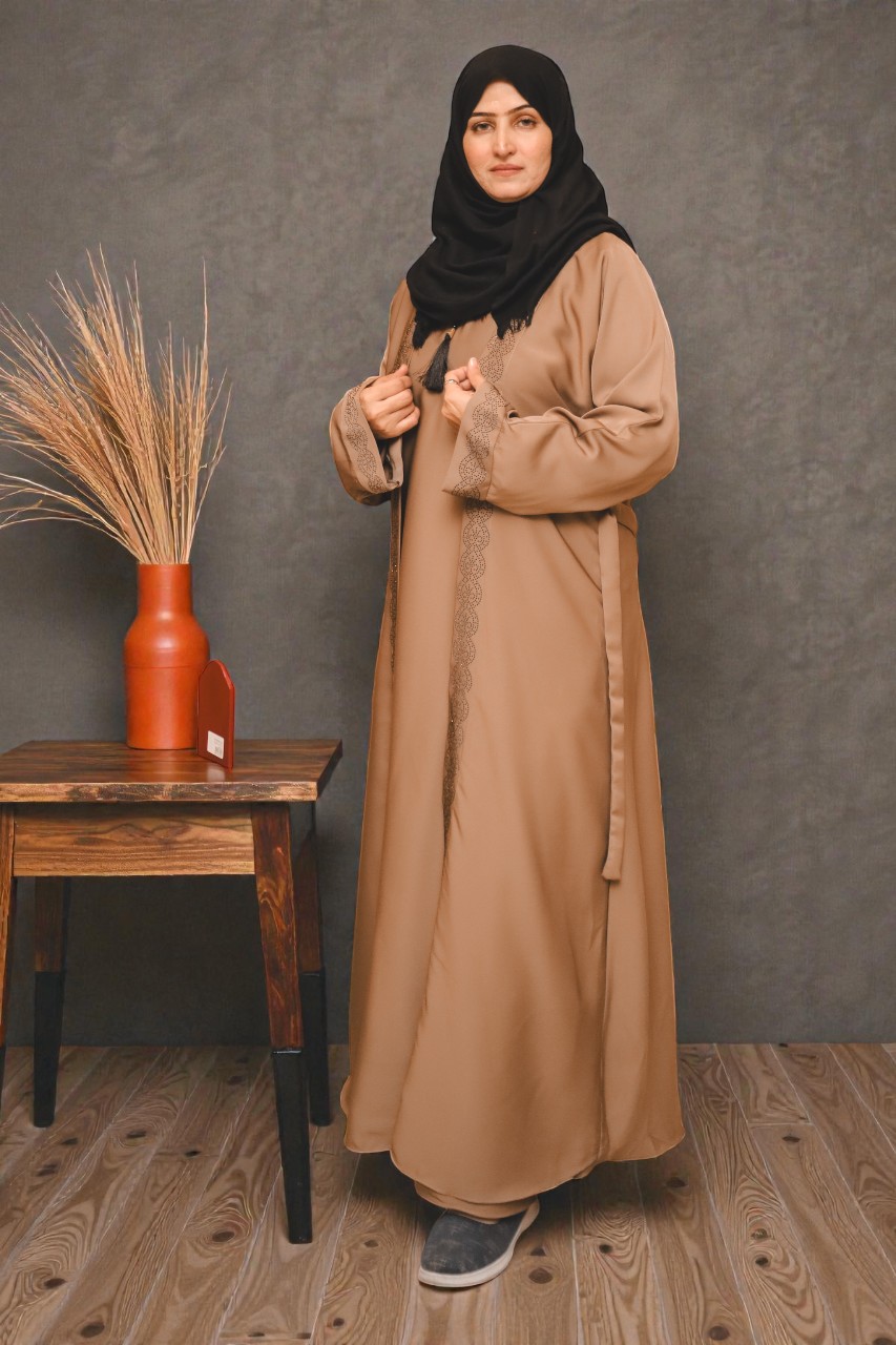 Tan Embroidered Open Abaya Tan Embroidered Open Abaya